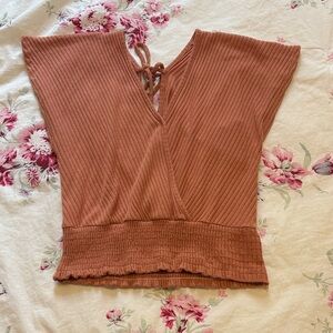 Altar'd State Terracotta Ribbed Wrap Blouse